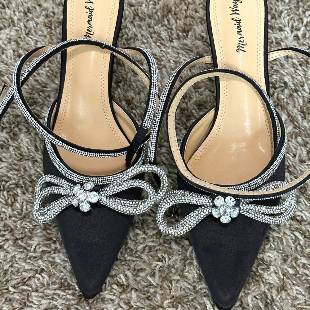 Black Sugarcoat Diamante Double Bow Satin Heels Womens (SIZE 9.5 US / 41 EU)